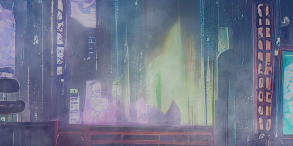 Abstract image of neon dystopian city with fog